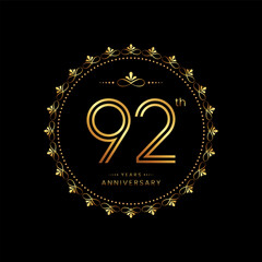 92th anniversary logo with golden number for celebration event, invitation, wedding, greeting card, banner, poster, flyer. Ornament vector design