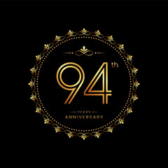 Naklejka premium 94th anniversary logo with golden number for celebration event, invitation, wedding, greeting card, banner, poster, flyer. Ornament vector design