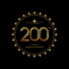 200th anniversary logo with golden number for celebration event, invitation, wedding, greeting card, banner, poster, flyer. Ornament vector design