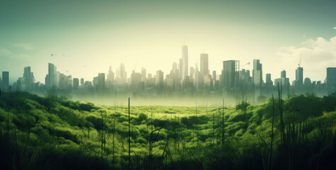 Cityscape with green grass in foggy morning, Generative AI illustration.