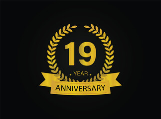 Fototapeta premium 19th years golden anniversary logo celebration with ring and ribbon.