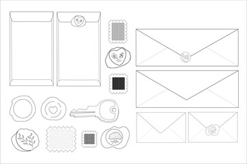 Set of 16 mail elements. Envelopes, stamps, wax seals, one key. Vintage post office mail vectors. Miscellaneous.