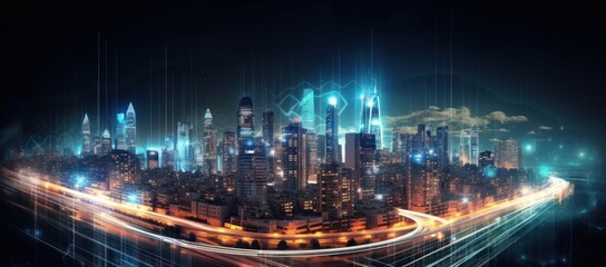 Fototapeta premium Modern cityscape with high tech buildings and high-speed light trails, Generative AI illustration.
