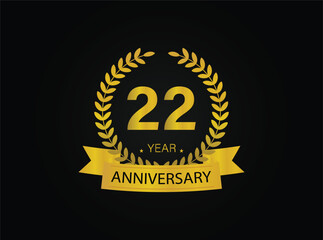 Fototapeta premium 22th years golden anniversary logo celebration with ring and ribbon.