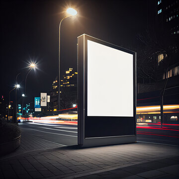 blank billboard on street with a time of night