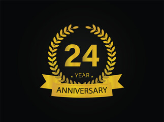 24th years golden anniversary logo celebration with ring and ribbon.
