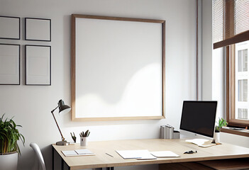 Office interior with Mock up poster on wall, workplace. 3d rendering