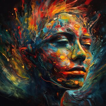 Surreal AI art portrays a transcendent figure, enveloped in vivid psychedelic hues, evoking a mystical, dreamlike dimension.
