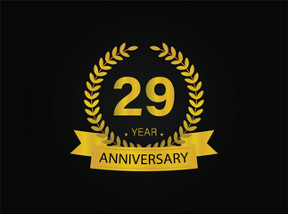 29th years golden anniversary logo celebration with ring and ribbon.