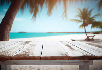 Top of wood table with seascape and palm leaves ,  Empty ready for your product display montage. summer vacation background concept