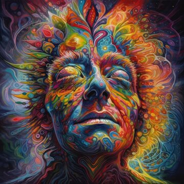 Surreal AI art portrays a transcendent figure, enveloped in vivid psychedelic hues, evoking a mystical, dreamlike dimension.