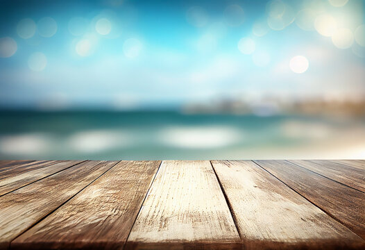 Top of wood table with seascape and palm leaves ,  Empty ready for your product display montage. summer vacation background concept