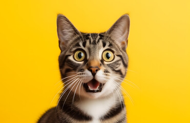 portrait of a shocked small cat with yellow background generative ai