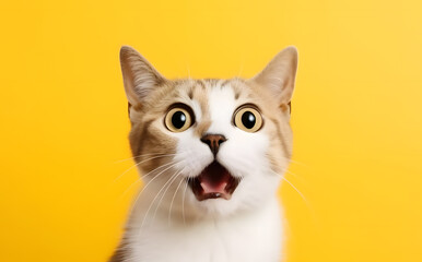 Portrait of a young surprised cat with yellow background generative ai