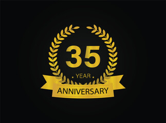 35th golden anniversary logo. with ring and ribbon. vector illustrator.