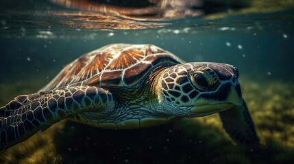 Close Up Realistic Sea Turtle Swimming in Ocean Created with Generative AI