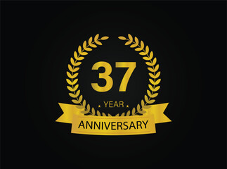 37th golden anniversary logo. with ring and ribbon. vector illustrator.