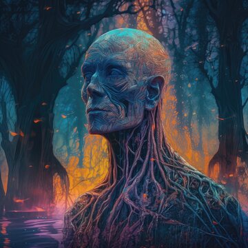 Surreal AI art portrays a transcendent figure, enveloped in vivid psychedelic hues, evoking a mystical, dreamlike dimension.