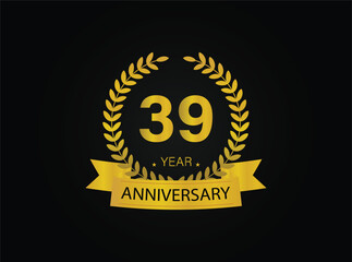 Naklejka premium 39th golden anniversary logo. with ring and ribbon. vector illustrator.