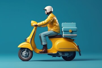 Fototapeta na wymiar Delivery man ride scooter motorcycle for online delivery service on blue background. Generative AI