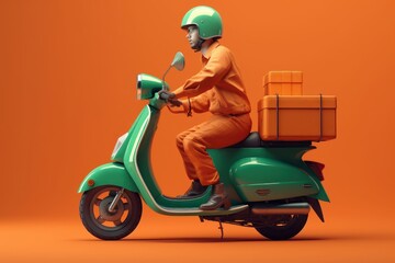 Fototapeta na wymiar Delivery man ride scooter motorcycle for online delivery service on orange background. Generative AI