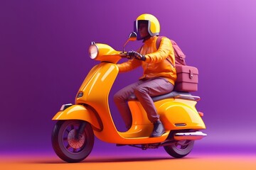 Delivery man ride scooter motorcycle for online delivery service on purple background. Generative AI