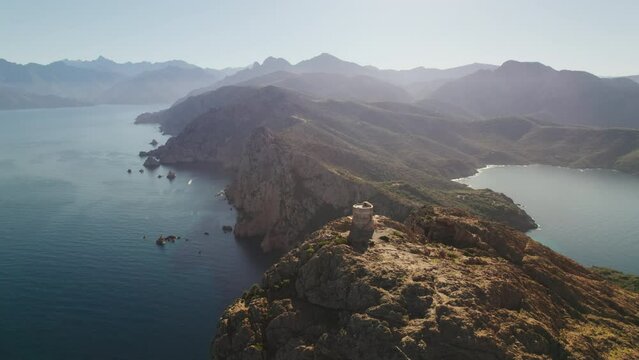 Aerial shot of the Genoese tower at Capo Rosso (Capu Rossu) in Corsica with a 4K drone