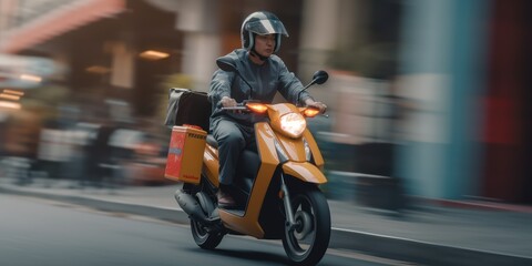 Delivery man ride scooter motorcycle with motion blur cityscape background. Generative AI