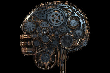 Fototapeta na wymiar Human brain made of gears, cogwheels and cogs illustration. Generative AI