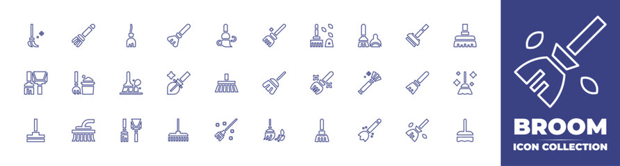 Broom line icon collection. Editable stroke. Vector illustration. Containing broom, magic broom, curling broom, sweeping, brush, mop, dust, cleaner, cleaning tools, flying broom, cleaning, and more.