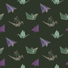 Seamless pattern design with illustration of origami plane, crane and boat