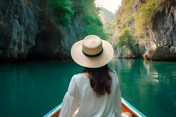 A woman in a hat sitting in a boat, Generative Ai