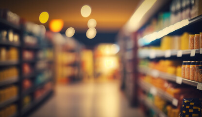 Obraz premium Blurred, bokeh background image of modern supermarket 