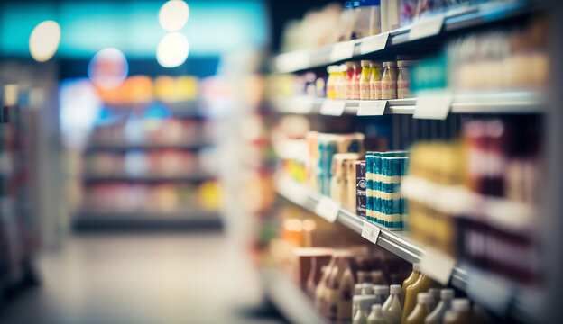 Blurred, bokeh background image of modern supermarket
