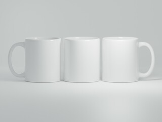 White coffee cups 11 oz with copy space for logo, text or design on a white background. Mock up for drink concept. Three mugs. 3D Rendering.