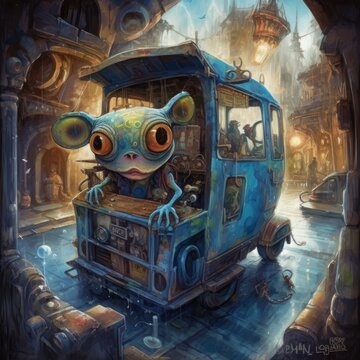 A bluish cartoon character, with a cheerful expression, attends a blue shopping mall cart in a whimsical fantasy land.