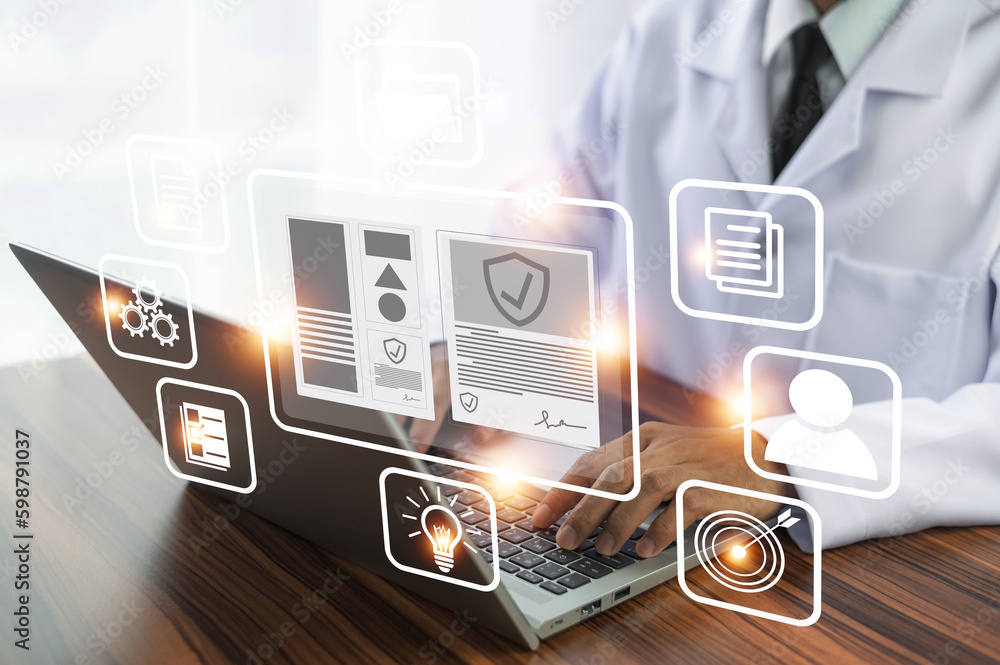 Poster doctor using technology document management on computer system management for cardiologist specialis