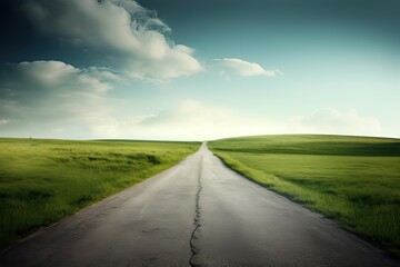 Fototapeta premium The landscape of grass fields and blue sky road leading off into the distance. Generative Ai.