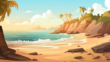 Sky and sun at sea background, ocean and beach vector island scenery empty cartoon. Ocean or sea water with waves and clouds in sky summer blue seascape with cloudy sky and seaside. Generative Ai