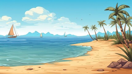 Sky and sun at sea background, ocean and beach vector island scenery empty cartoon. Ocean or sea water with waves and clouds in sky summer blue seascape with cloudy sky and seaside. Generative Ai