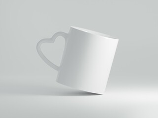 Floating and rotated White coffee cup 11 oz with copy space for the logo, text or design on a white background. Mock up for drink concept. One mug. 3D Rendering.