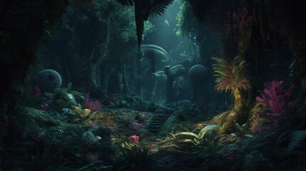 Fototapeta na wymiar ruined jungle, dark tone, tropical landscapes, space art. Created with generative technology.