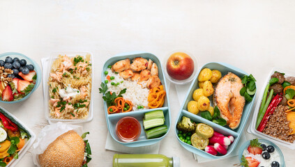 Restaurant healthy food delivery in take away boxes for daily nutrition on white background.