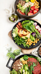 Healthy vegetarian and vegan  salads and Buddha Bowls with vitamins, antioxidants, protein on light  background.