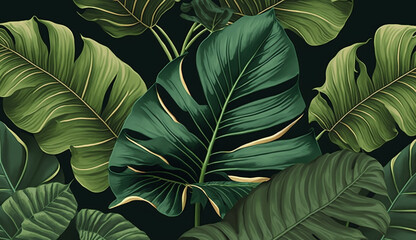 Seamless pattern with tropical green palm, banana leaves