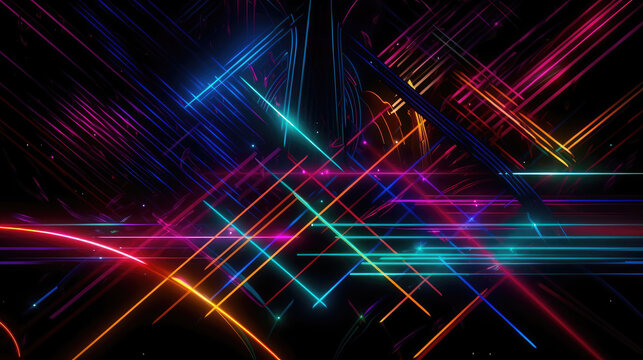glowing neon lights background - a colorful abstract crisscross pattern of neon lights on a dark background, Generative AI