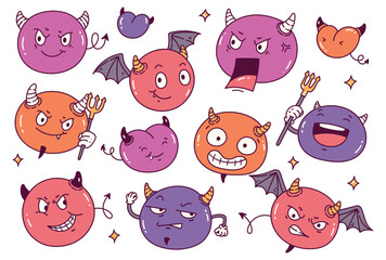 Set of cartoon cute devil head in various expression