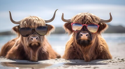 Two highland cattle wearing sunglasses on the beach, close up, tropical, photo-realistic, summer time