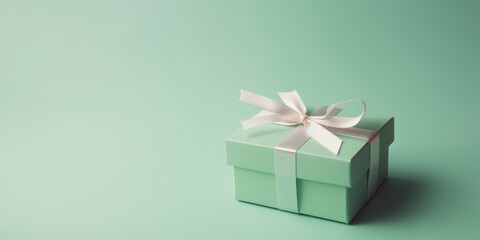 Green gift box on a soft green background. Elegant present box with white ribbon bow. Beautiful background for greeting card for Birthday, Mother's day, Father's day. Generative ai illustration