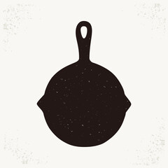 Black textured skillet, Modern vintage style kitchenware illustration.